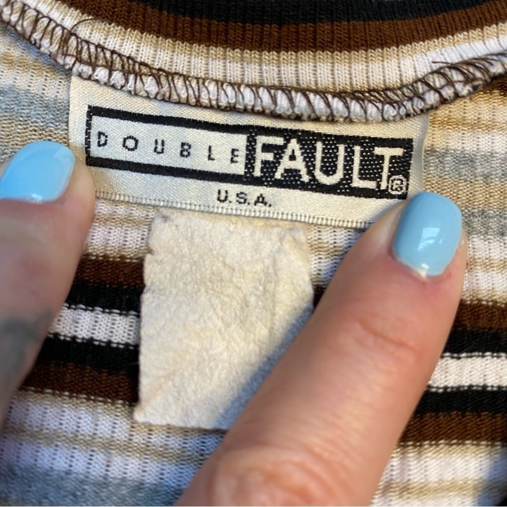 Vintage 90s Double Fault Striped V neck Top Size S/M - Picture 2 of 3